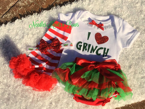 Girls 4pc Grinch Outfit, Baby Girls Grinch Bloomer Outfit, Girls 4pc Christmas Outfit