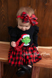 Girls Grinch Outfit, Girls Christmas Outfit, Girls Buffalo Plaid Skirt with Grinch Top