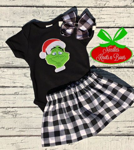 Girls Grinch Outfit, Girls Christmas Outfit, Girls Buffalo Plaid Skirt with Grinch Top