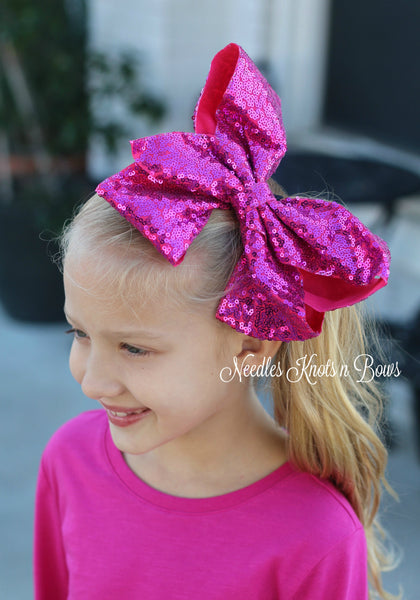 Large Hot Pink Sequin Hair Bow, Girls 8 Fushia Sequin Hair Bow – Needles  Knots n Bows