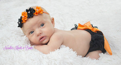 Baby Girls Halloween Headband, Girls Black & Orange Flower Headband, Newborn Headband