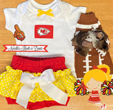 Kansas City Chiefs game day football outfit for baby girls and toddlers.  Baby NFL outfit, NFL toddler outfit