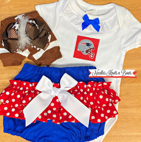Baby girls and toddler New England Patriotis football outfit.