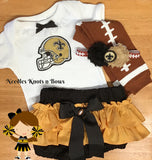 New Orlean's Saint's game day football outfit for baby girls and toddlers