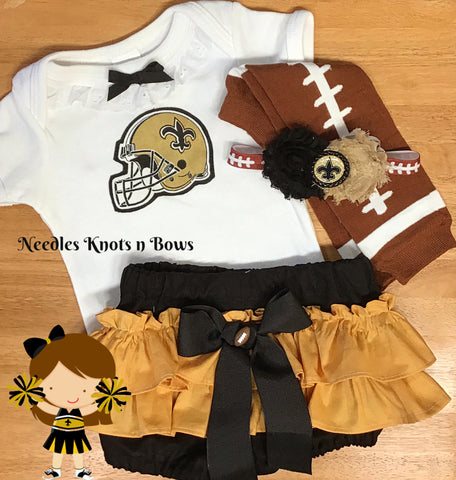 baby girls and toddlers New Orlean's Saint's game day football outfit