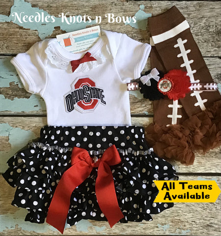 Baby girls and toddlers Ohio State Buckeyes outfit.