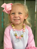 Girls Pink and Gold Chunky Bead Bubblegum Necklace w/ Clear Pendant, Girls Jewelry, Flower Girls Necklace