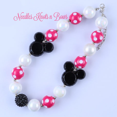 Pink Minnie Mouse Inspired Chunky Bead Necklace, Girls Minnie Mouse Bubblegum Necklace, Baby Girls, Toddlers