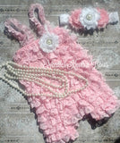 Baby Girls Pink Petti Lace Birthday Romper. Pink and white petti lace cake smash outfit.  This darling set is absolutely perfect for milestone photoshoots, cake smash sessions, birthday outfits and any other reason that you want her to be all dolled up.  You choose the pieces that you want. The intial cost is for the petti lace romper & headband shown and you choose to add on from there. 