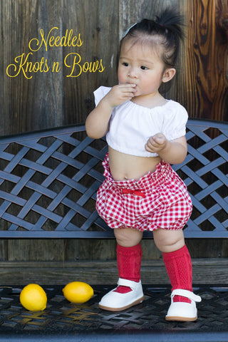 Baby girls and toddlers white crop top with red checkered bloomers boho outfit.