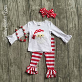 Girls 2pc Christmas Outfit, Girls Santa Top with Red & White Striped Ruffled Leggings Szs: 2 - 8