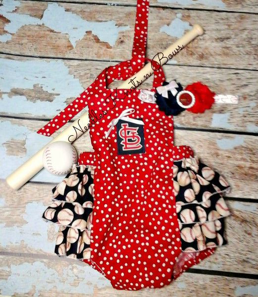 Girls St. Louis Cardinals Baseball Romper, Baby Toddler 12 Months / Romper w/ Headband