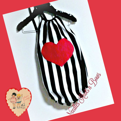 Girls Valentines Day Romper, Black & White Striped Heart Romper, Girls Valentines Outfit
