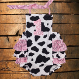 Baby Girls Cow Print Bandana Romper, Cowgirl Western Outfit