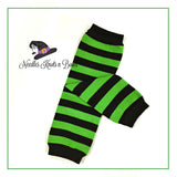 Green and black striped leg warmers.  Baby toddler leg warmers. Gender Neutral Halloween leg warmers.