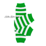 Baby toddler green and white striped leg warmers for boys and or girls.