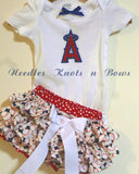 Baby girls and toddler Los Angeles Angels game day baseball outfit. 