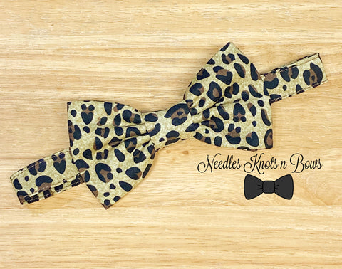 Leopard print bow tie available in all sizes.  Pretied, animal print bow tie.