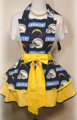 Women’s flirty style Los Angeles Chargers apron with pocket. 
