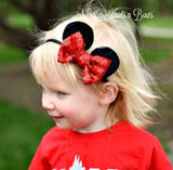 Sequin Minnie Mouse Ears Headband, Red or Hot Pink, Girls Minnie Mouse Ears with Sequin Bow