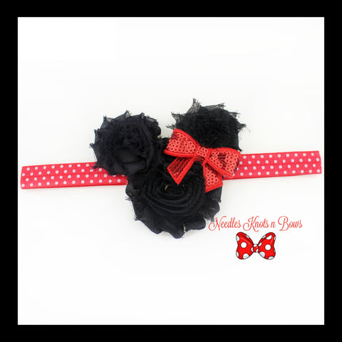 Red Minnie Mouse headband with red polka dot elastic and red sequin bow.