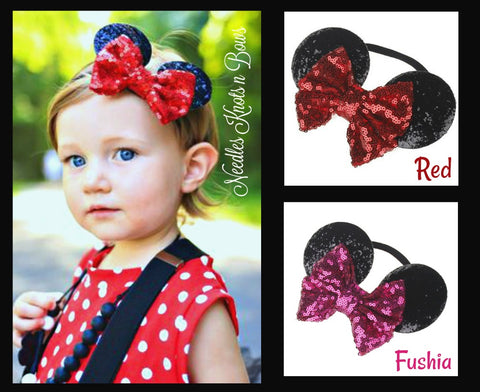 Sequin Minnie Mouse Ears Headband, Red or Hot Pink, Girls Minnie Mouse Ears with Sequin Bow