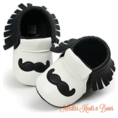 Boys Mustache Moccasins, Baby Boys Prewalker Shoes, Crib Shoes, Baby Moccasins, Non Slip