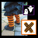 Orange and black striped leg warmers.  Baby toddler Halloween leg warmers.