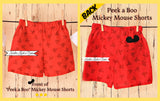 Baby boys and toddlers "Peek a Boo" Mickey Mouse Shorts.  Mickey Mouse ears are peeking out of the pocket on the back of these shorts making them super cute and fun for kids.