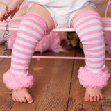 Pink and white striped ruffle leg warmers, baby toddler