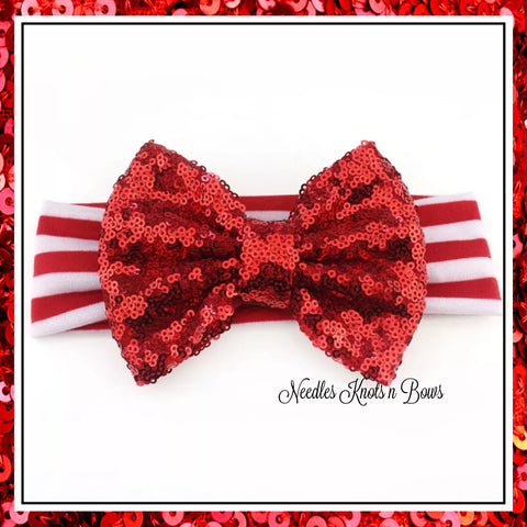 Red sequin bow headband.  Red and white headband with large red sequin bow