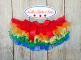 Rainbow chiffon bloomers with ruffles all the way around.  Looks like a tutu or layered skirt when she is wearing it.