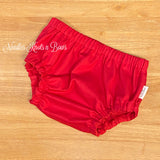 Red diaper cover for babies and toddlers. Gender neutral solid red bloomers.