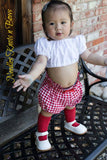 Baby Girls boho outfit, white crop top and red checkered bloomers. 
