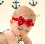 Baby headband, Red sequin bow headband, Valentines, Christmas or 4th of July headband.