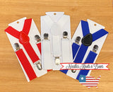 red, white and blue suspenders.  Custom order matching suspenders are also available upon request. 
