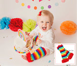 Rainbow striped leg warmers with red ruffles