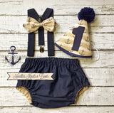 Blue and Tan Nautical cake smash and birthday outfit.