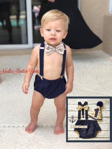 Boy's cake smash outfit.  Sailor Boy's - Nautical - Anchors themed birthday outfit.