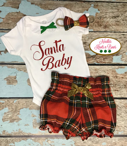 Girls Santa Baby Outfit, Baby Girls Christmas Outfit, High Waist Christmas Plaid Bloomers