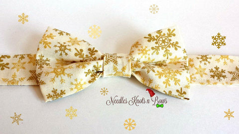 Snowflake Bow Tie, Gold Snowflakes on Cream Pre Tied Bow Tie, All Sizes
