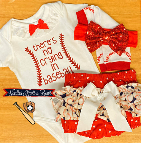 There's no crying in baseball outfit girl. Baseball bloomer outfit for baby girls and toddlers.