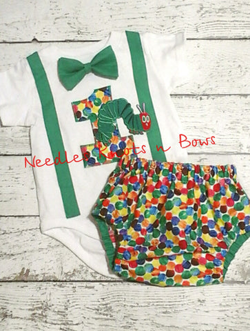 Boys Very Hungry Caterpillar Birthday Outfit. Birthday Onesie and diaper cover. 
