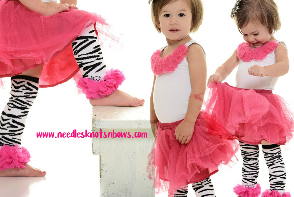 Zebra Print Leg Warmers with Hot Pink Ruffles Needles Knots n Bows